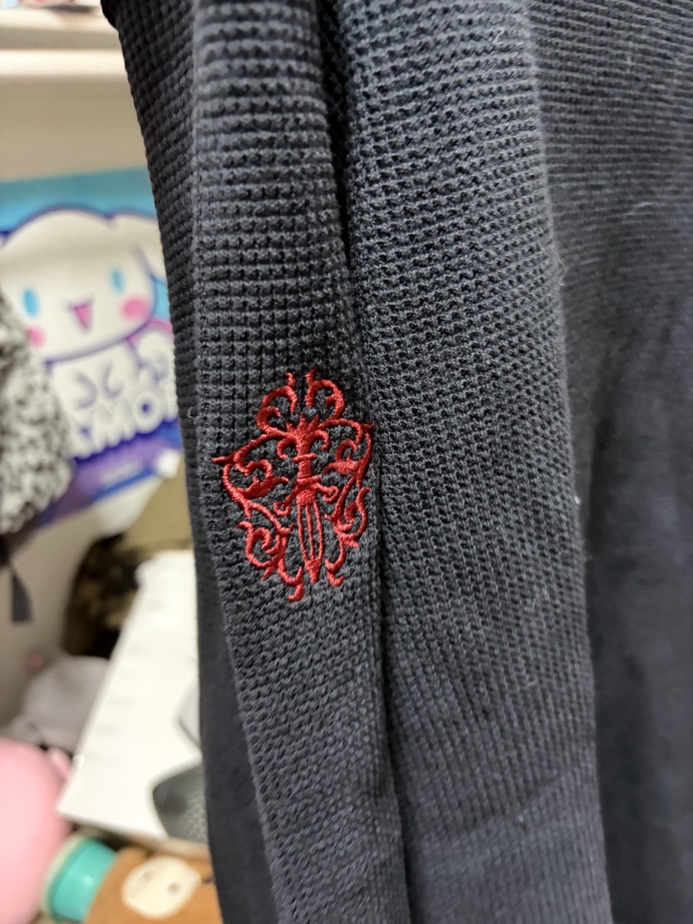 Chrome Hearts Black Waffle-Knit Crewneck Sweater with Red Sleeve Motif - Picture 2 of 4